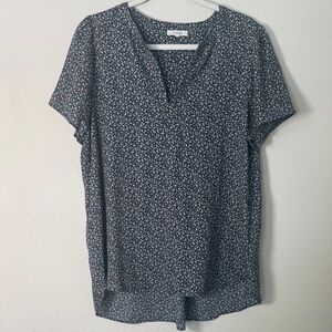 Pleione Navy Micro Floral Split V-Neck Blouse